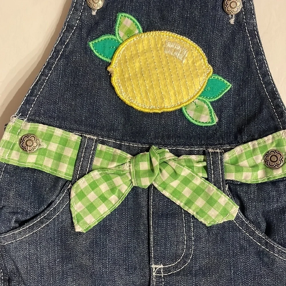 Baby girl 12 M shortalls sequins lemon appliqué / attached green check tie belt